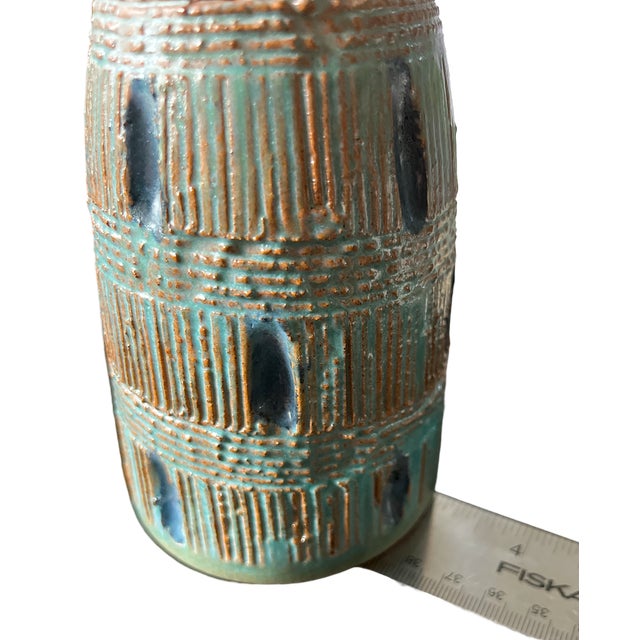 Mid-20th Century Signed Textural Studio Pottery Vase in Turquoise and Ochre For Sale In Jacksonville, FL - Image 6 of 7