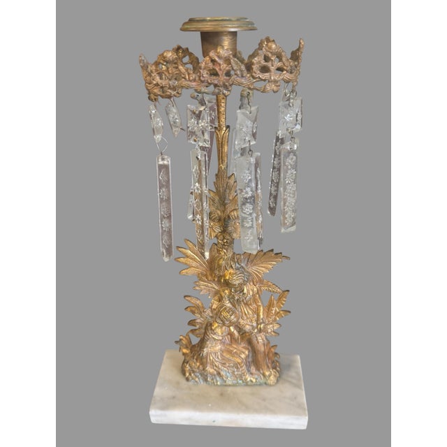 Metal Antique Victorian Three Piece Girandole Candelabra Set With Etched Prisms For Sale - Image 7 of 10