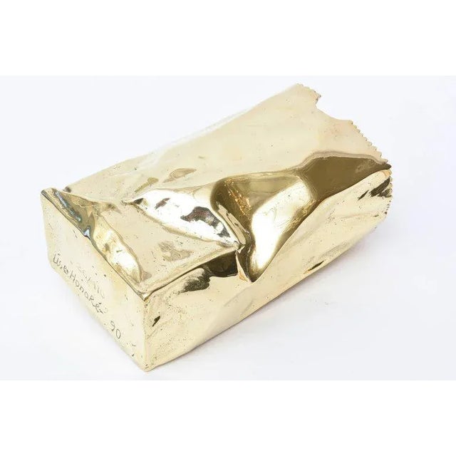 1990's French Signed Brass Bronze Crushed Paper Bag Sculpture by Honore Limited Edition For Sale In Miami - Image 6 of 11