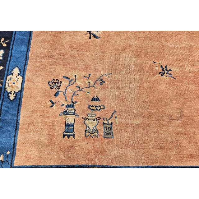 Antique Chinese Peking Rug, Hand-Knotted Wool, Pale Peach, Navy, 9' x 12' For Sale - Image 16 of 18