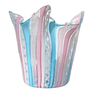Fratelli Toso Murano Vintage Pink White Blue Italian Art Glass Decorative Fazzoletto Flower Vase
