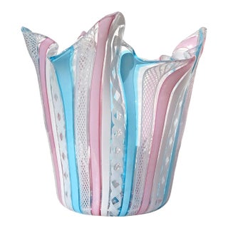 Murano Fratelli Toso Vintage Pink White Blue Italian Art Glass Decorative Fazzoletto Flower Vase For Sale