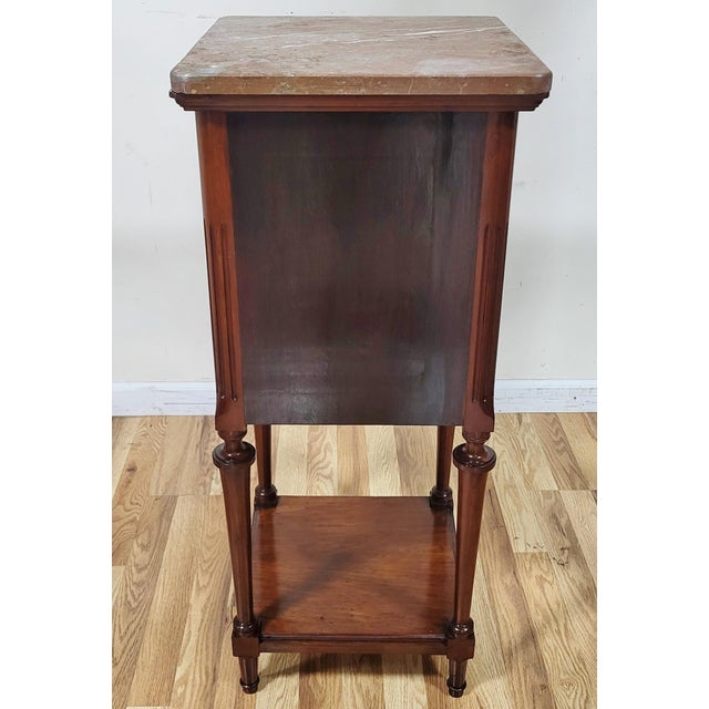 Pair French Louis XVI Parquetry Inlaid Bronze & Marble Top Nightstands For Sale - Image 15 of 18