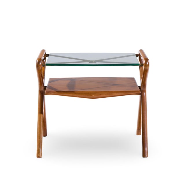 Wood Cesare Lacca Style Mid Century Italian Walnut and Brass Side Tables - Pair For Sale - Image 7 of 11