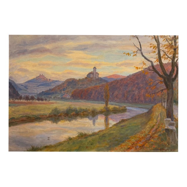 Heinrich Pforr, Two Castles View: River Idyll, Spangenberg Castle, Oil Painting on Canvas For Sale