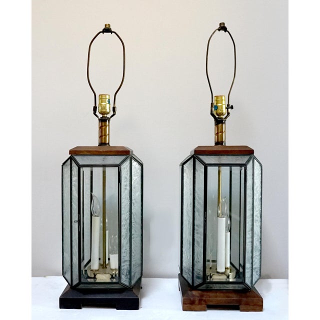 1960s 1960s Art Deco Style Mid Century Etched Glass Lead Table Lantern Lamp - set of 2 For Sale - Image 5 of 10