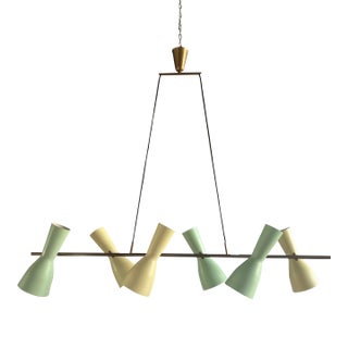 1950s Rare Stilnovo Linear Chandelier in Brass With Green and Yellow Shades For Sale
