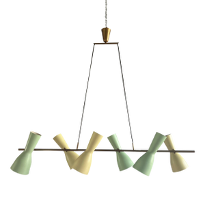 1950s Rare Stilnovo Linear Chandelier in Brass With Green and Yellow Shades