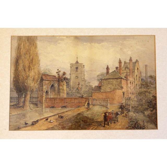 Late 19th century English framed watercolor by Frederick Mew. Scene of a town with bridge & waterway, Gothic town gate,...