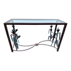 Sculptural Brutalist Bronze & Verdigris Tone Console Table Giacometti Style