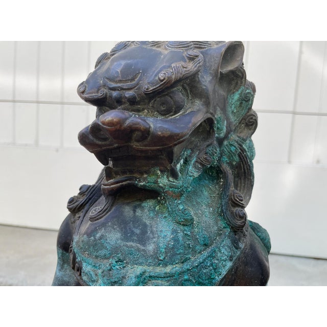 Greige Antique Bronze Guardian Lions or Foo Dogs - A Pair For Sale - Image 8 of 17