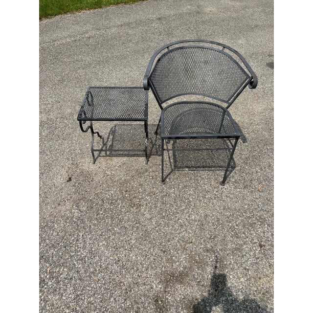 Vintage Wrought Iron Garden and Patio Furniture Four Piece Set Featuring Barrel Back Chairs and Bench With End Table For Sale - Image 9 of 10