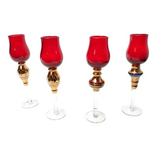 Mid Century Modern Ruby Red & Gold Long Stemmed Venetian Glass Cordial - 4 Pieces For Sale