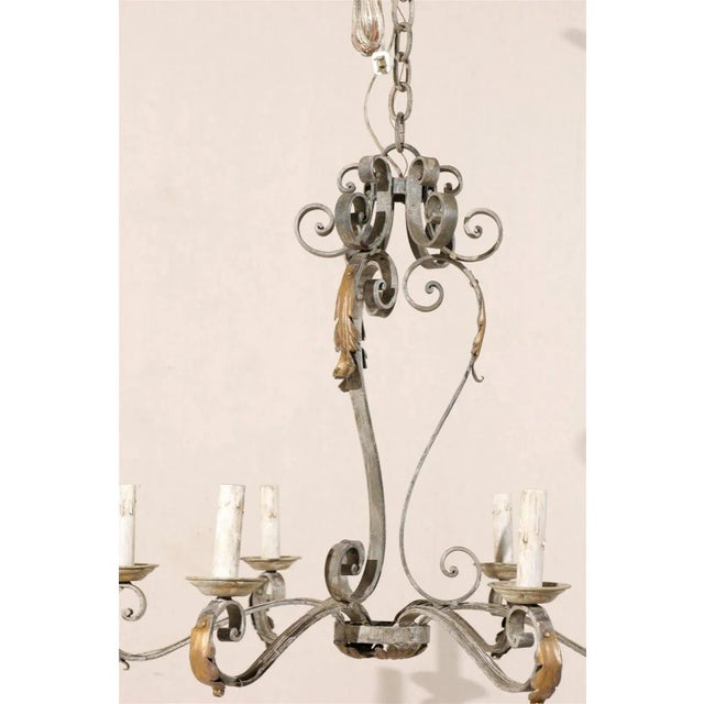 French Painted Iron Six-Light Chandelier With Gilded Acanthus Leaves For Sale - Image 4 of 9