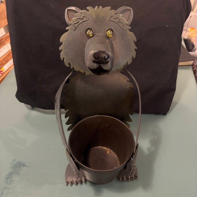 Vintage Hand-Crafted Artisan Metal Bear Sculpture Luminary & Planter For Sale - Image 12 of 17