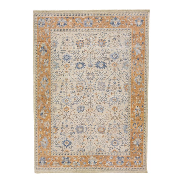 Apadana's Artisan Collection Beige and Orange Handmade Designed Wool Rug For Sale