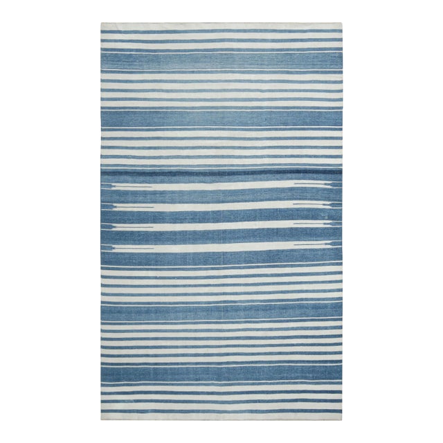 Rug & Kilim’s Contemporary Dhurrie Rug With Blue and Off-White Geometric Stripes For Sale
