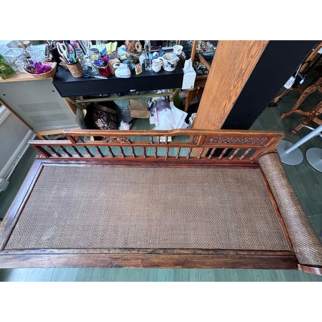Antique Chinese Elm Daybed With Rattan Seat and Shou Bolster, Late Qing Dynasty For Sale In San Francisco - Image 6 of 12