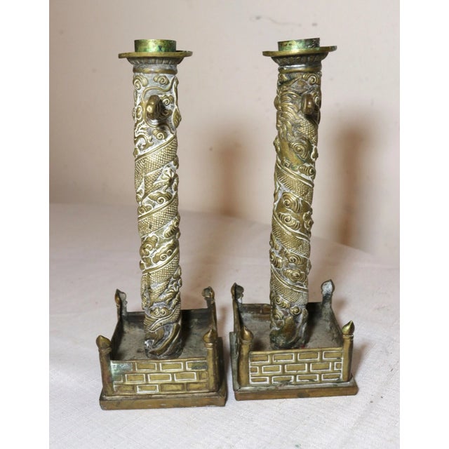 Pair of Antique Ornate Chinese Handmade Brass Dragon Candlesticks Candle Holders For Sale - Image 13 of 14