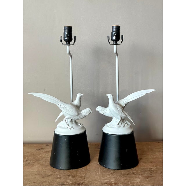 Metal Vintage Regency Bisque Porcelain Bird Lamps - A Pair For Sale - Image 7 of 7