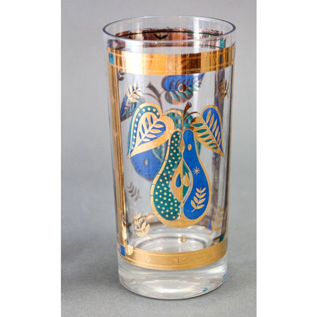 Mid-Century Modern Georges Briard the Forbidden Fruit Pattern Turquoise and Gold Glasses Set of 2 For Sale - Image 3 of 7