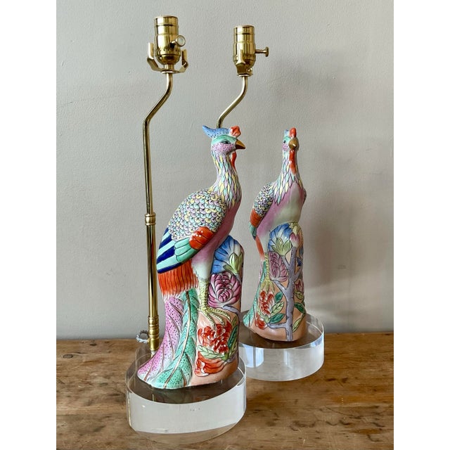 Vintage Asian Rose Famile Phoenix Glazed Ceramic Lamps - Set of 2 For Sale - Image 12 of 12
