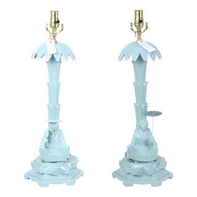 Pair of Chinese Style Blue Tol Palm Tree and Figurine Table Lamps For Sale