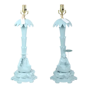 Pair of Chinese Style Blue Tol Palm Tree and Figurine Table Lamps