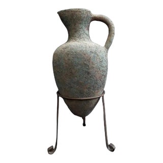 1960s Elongated Terra Cotta Vase on Metal Stand For Sale