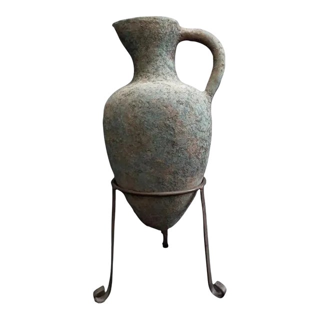 1960s Elongated Terra Cotta Vase on Metal Stand For Sale