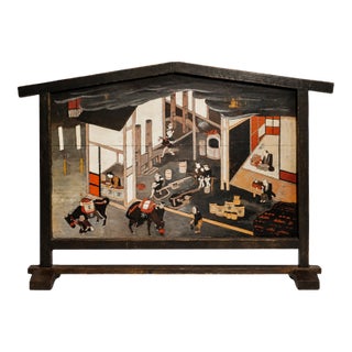 Incredible Antique Japanese Hand Painted Tsuitate Wood Table Screen Traditional Sake Brewery Scene Japan Asian Home Decor For Sale