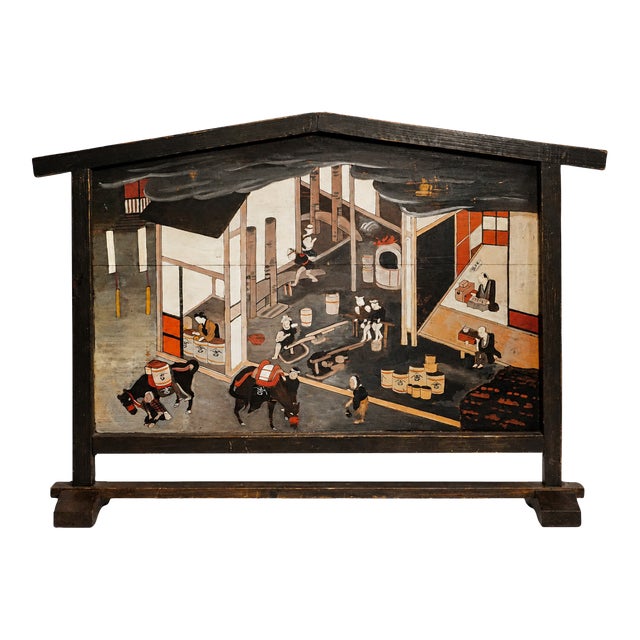 Incredible Antique Japanese Hand Painted Tsuitate Wood Table Screen Traditional Sake Brewery Scene Japan Asian Home Decor For Sale
