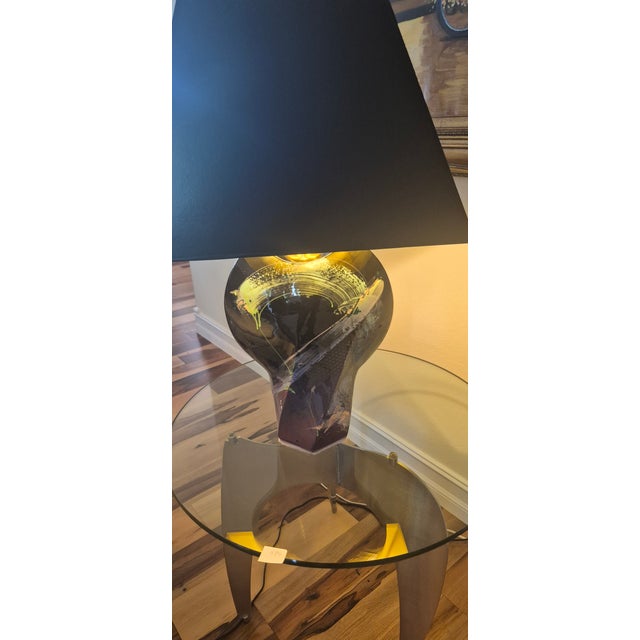 Stunning 1980s vintage ceramic table lamp. A unique, handmade piece featuring an abstract, hand-painted design in vibrant...