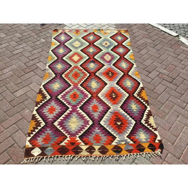 Purple & Teal Vintage Turkish Kilim Rug - 51.5" X 99" For Sale - Image 9 of 9