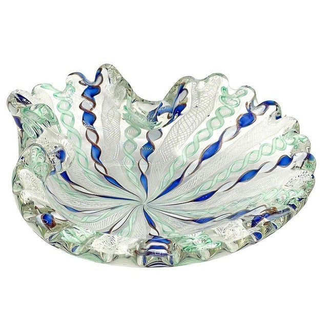 Mid-Century Modern 1960s Zanfircio Murano Attributed Art Glass Shell Dish Green Latticino Ribbons by Salviati For Sale - Image 3 of 7