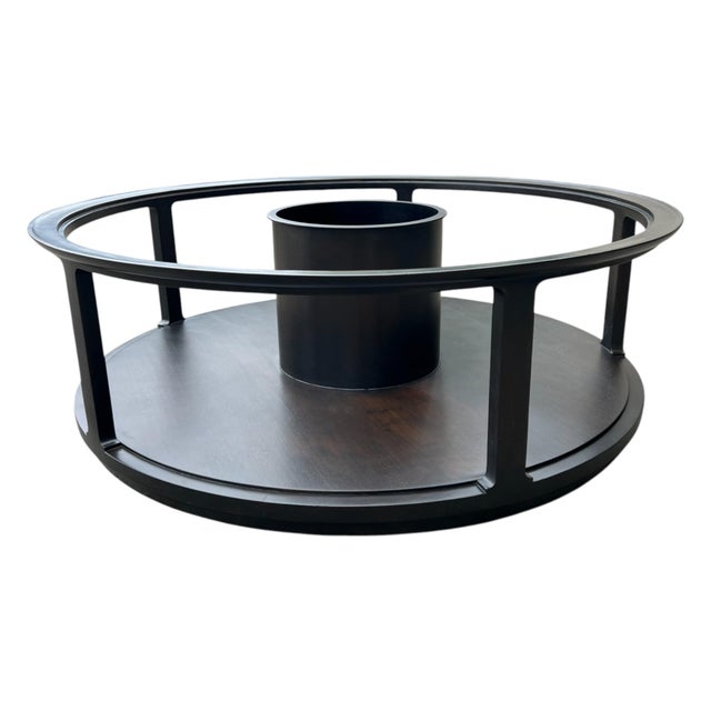 Dunbar Round Mahogany Coffee Table – Ebonized Finish, Glass Top, Casters For Sale - Image 11 of 16