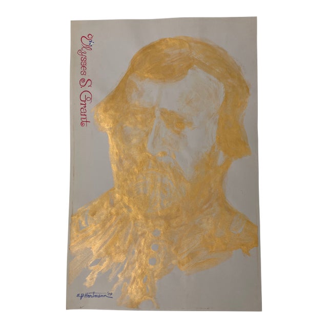 Contemporary Original E.J.Hartmann Gold Metallic Portrait Painting Ulysses S.Grant For Sale