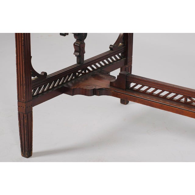 Wood 1880s English Aesthetic Movement Mahogany Writing Desk With Pierced Geometric Carving For Sale - Image 7 of 9