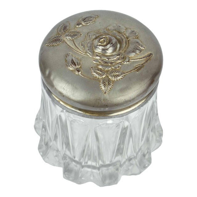 Antique Art Nouveau Pressed Glass Apothecary Style Humidor Jar With Embossed Silver Plate Rose Lid For Sale