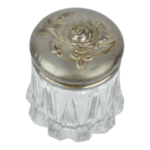 Antique Art Nouveau Pressed Glass Apothecary Style Humidor Jar With Embossed Silver Plate Rose Lid