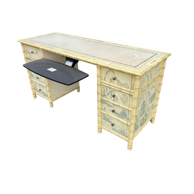 Chinoiserie Faux Bamboo Hand Painted Blue and Creme Chinoiserie Desk For Sale - Image 3 of 12