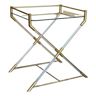 Mid Century Modern Serving or Side Table in Brass and Lucite with X Form For Sale