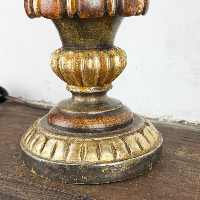 1980s Vintage Italian Silk Lampshade Carved Wood Table Lamp, 1980s For Sale - Image 5 of 16