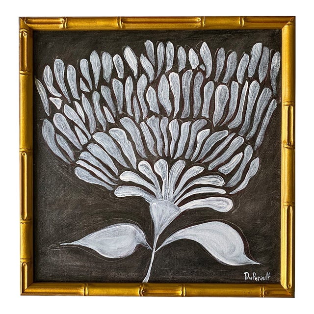 Original Framed Botanical Flower Painting, Black White Wall Art, Acrylic Oil on Canvas in Gold Bamboo Frame, 13x13 Dramatic Boho Home Decor For Sale