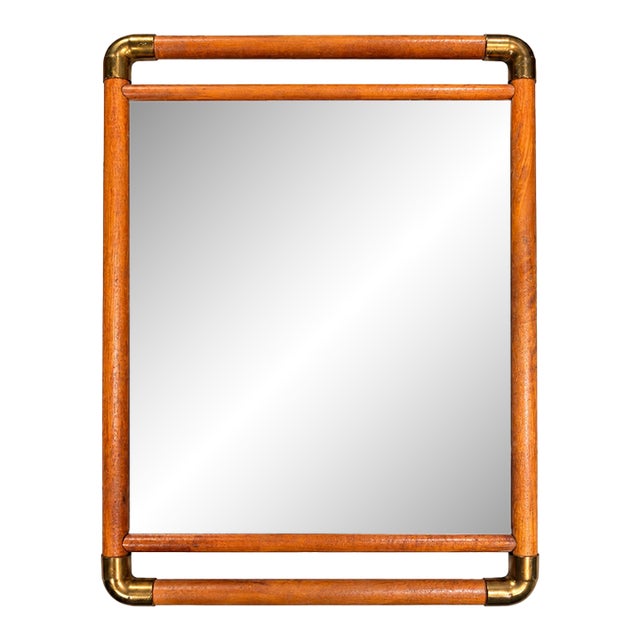 Vintage 1970's Postmodern Style Solid Wood & Brass Wall Mirror / Vanity Tray For Sale