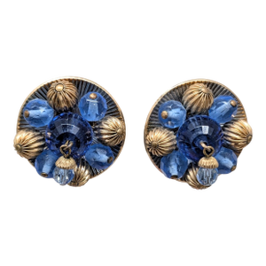 Vintage Signed Napier Round Goldtone Blue Beaded Clip Earrings-2 Pieces