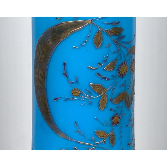 19th Century 19th Century Victorian Moser Blue Opaline Glass Vase: Gilt Floral Decor, 15.5" For Sale - Image 5 of 10