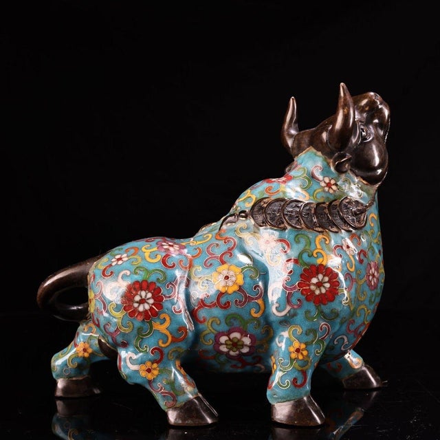 Vintage Cloisonne Enamel Ox Figure – 9.1" Gilt Mythical Bull Sculpture For Sale - Image 4 of 9