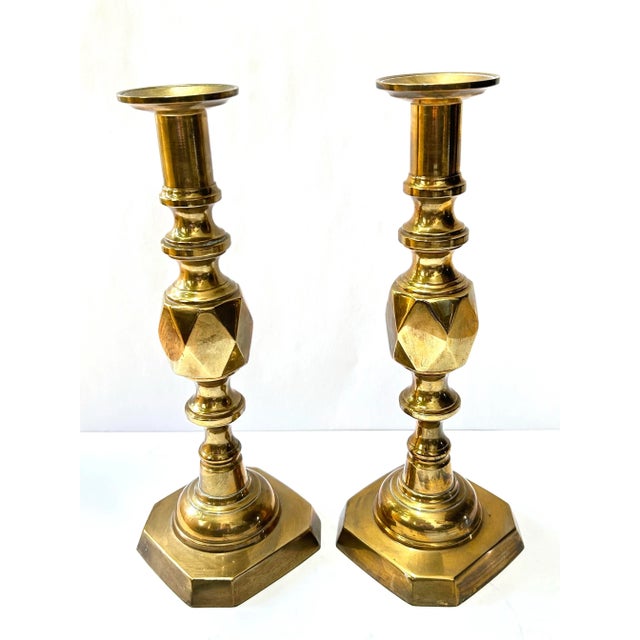 Antique English Brass Jubilee Candlesticks – King of Diamonds Victorian Pair For Sale In Louisville - Image 6 of 9