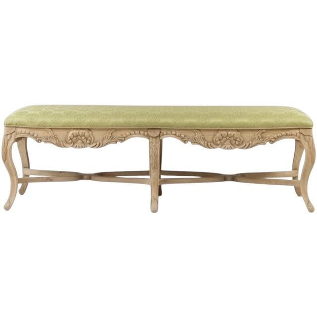 French Provincial 20th-C. Large Scale French Provincial Cerused and Carved Fruitwood Bench / Ottoman Green Damask For Sale - Image 3 of 5